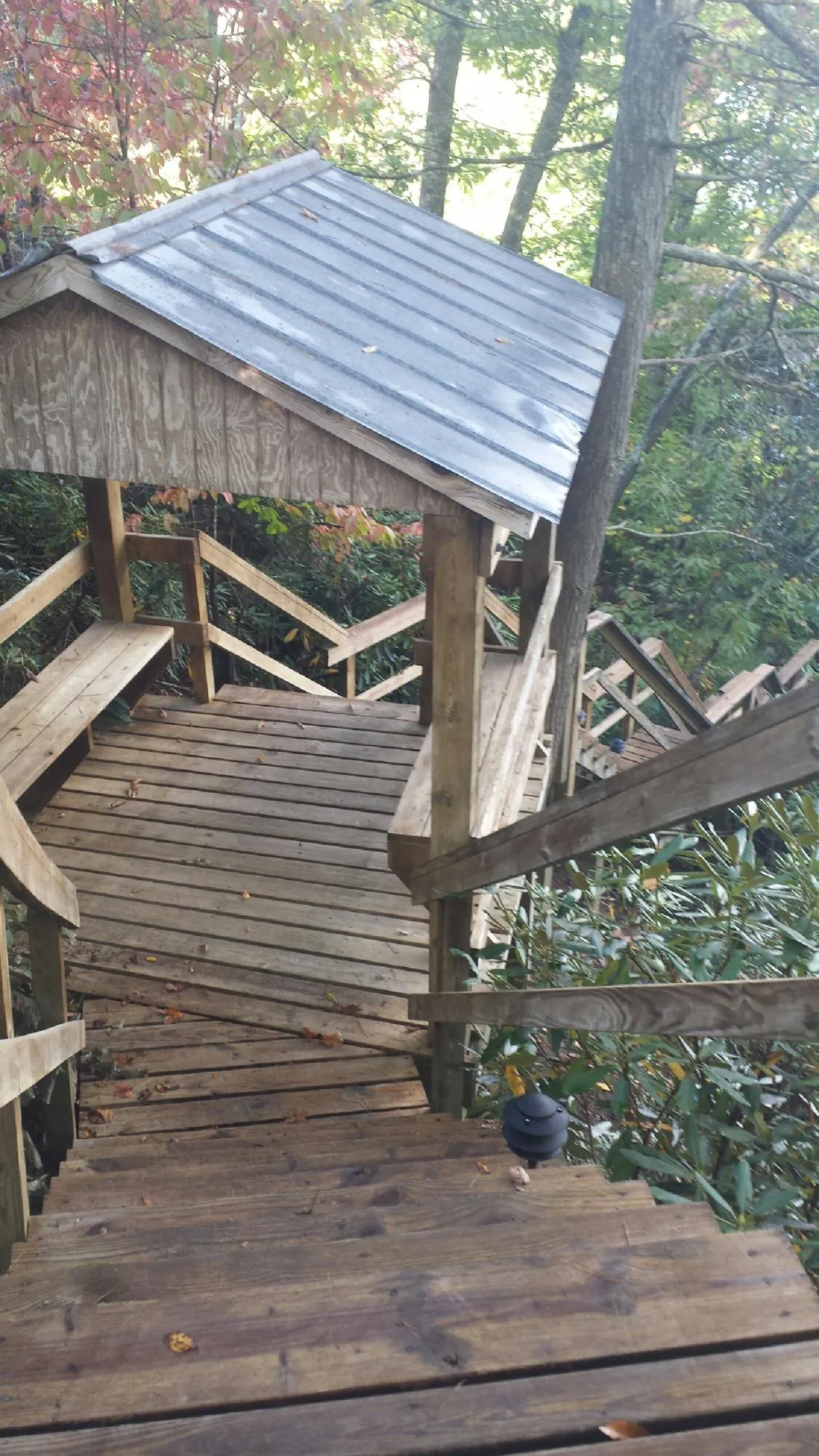 Metal roofed shelter over wooden steps on a wooded walkway — Skylight Repair & Installation work by our crew in Carney